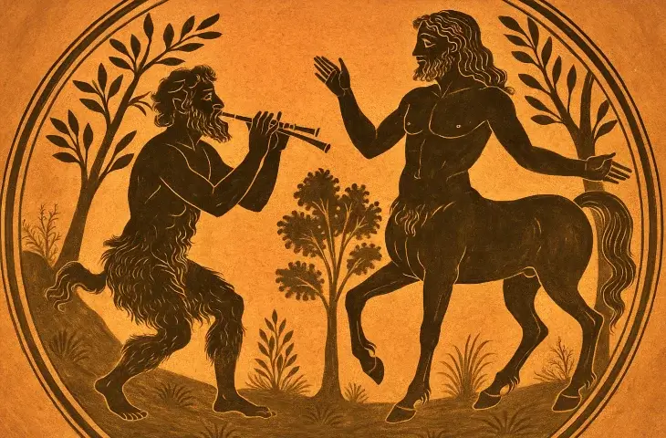 Antik Yunan vazosu üzerinde siyah figür tekniğiyle işlenmiş sahne; bir satir flüt çalarken karşısında bir kentaur dans eder biçimde görülüyor, etraflarında bitkiler yer almakta.